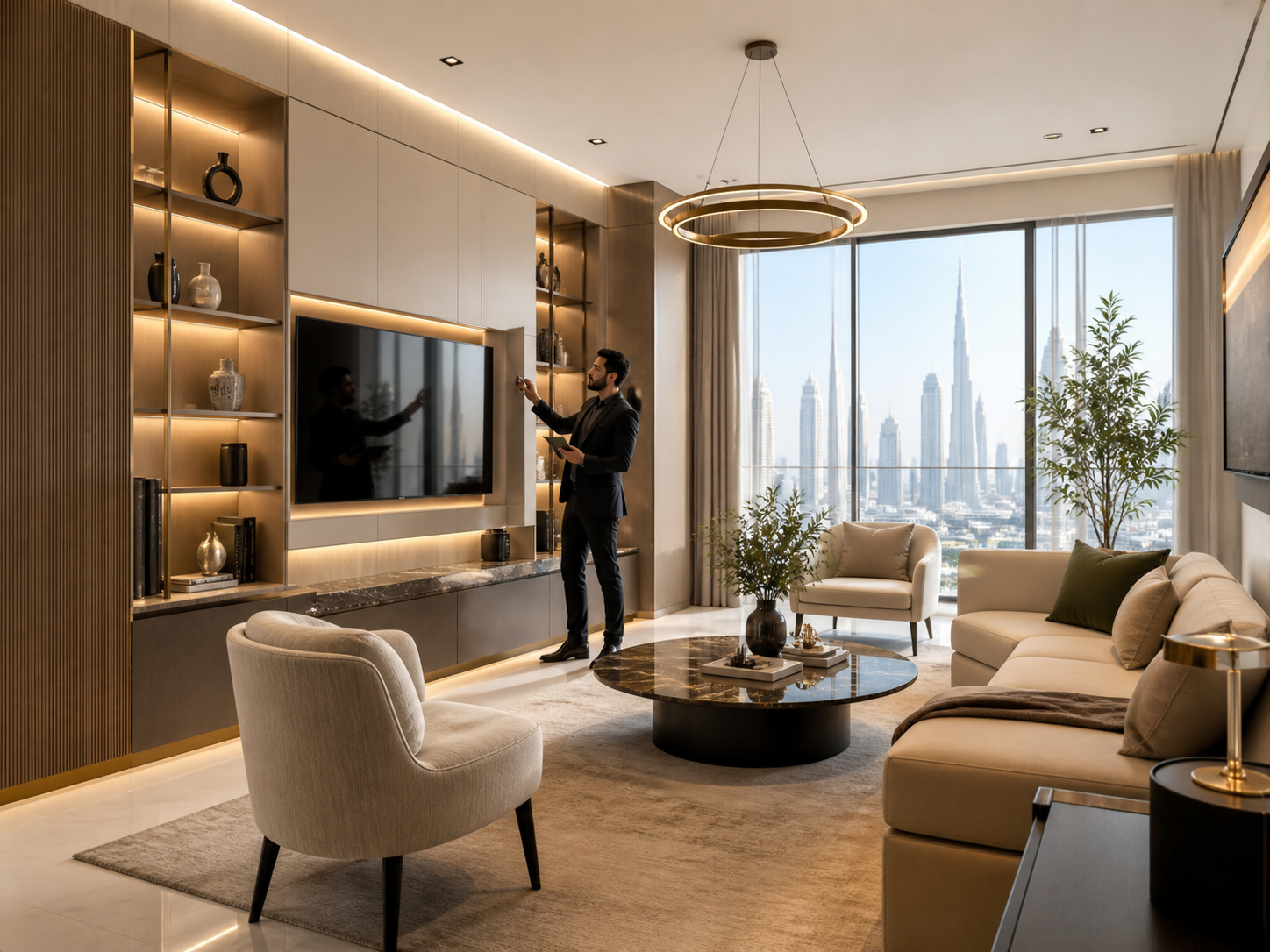 Luxury Dubai residence — bespoke living room with skyline views and integrated smart home detailing